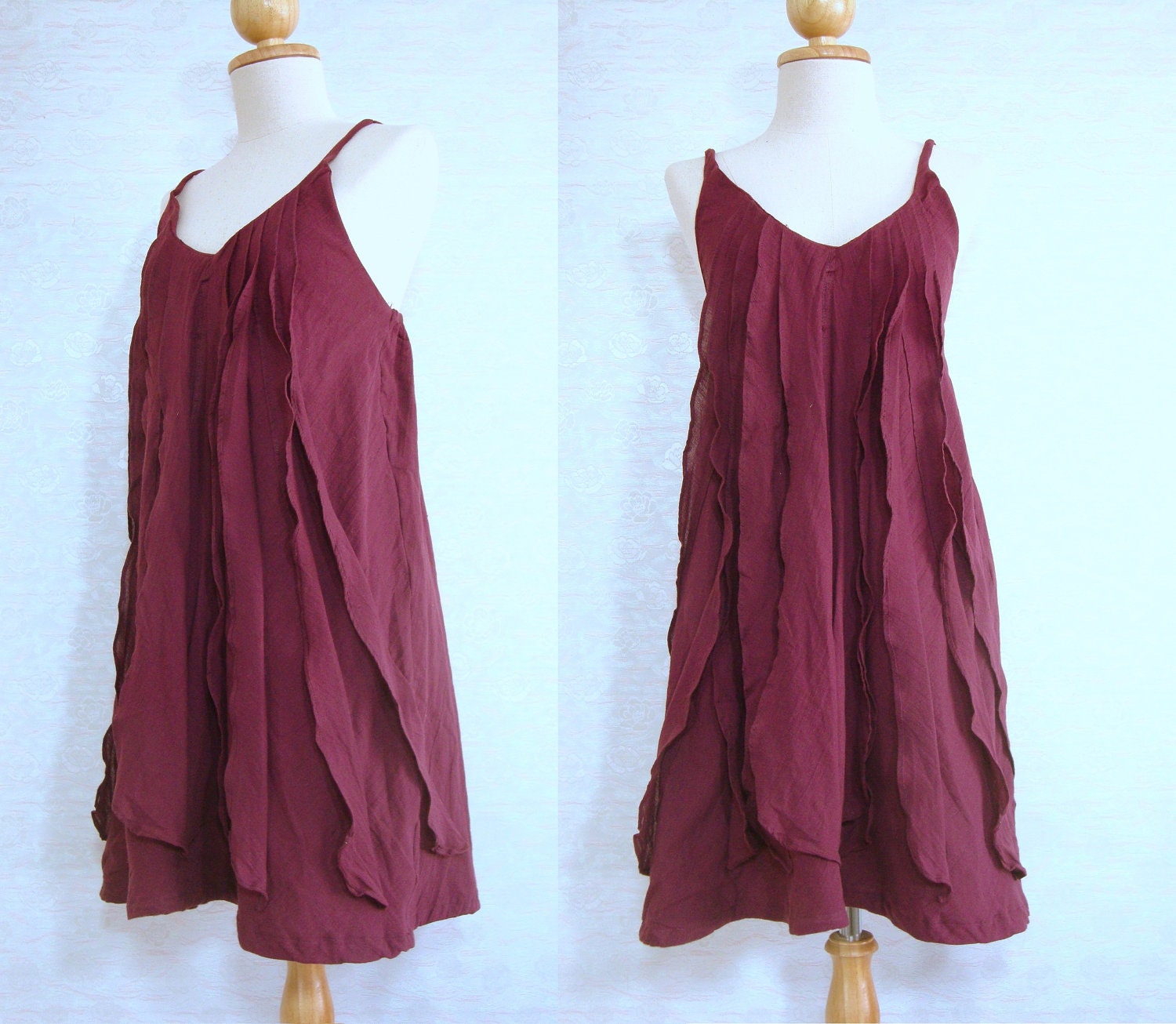 Short Reddish Purple Burgundy Summer Dress - Women Petit Ruffled Mini Dress, Spaghetti Strap Mini Dress ,Lovely Cotton Dress "Sea of Love"