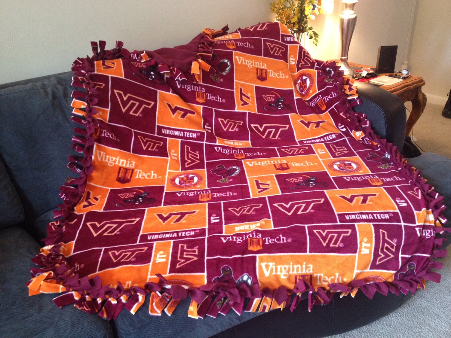 Virginia Tech Hokies Tie Blanket - College No Sew - Fleece VT for ANY one - Great Gift - Adult Size - Baby Shower - Large or Small