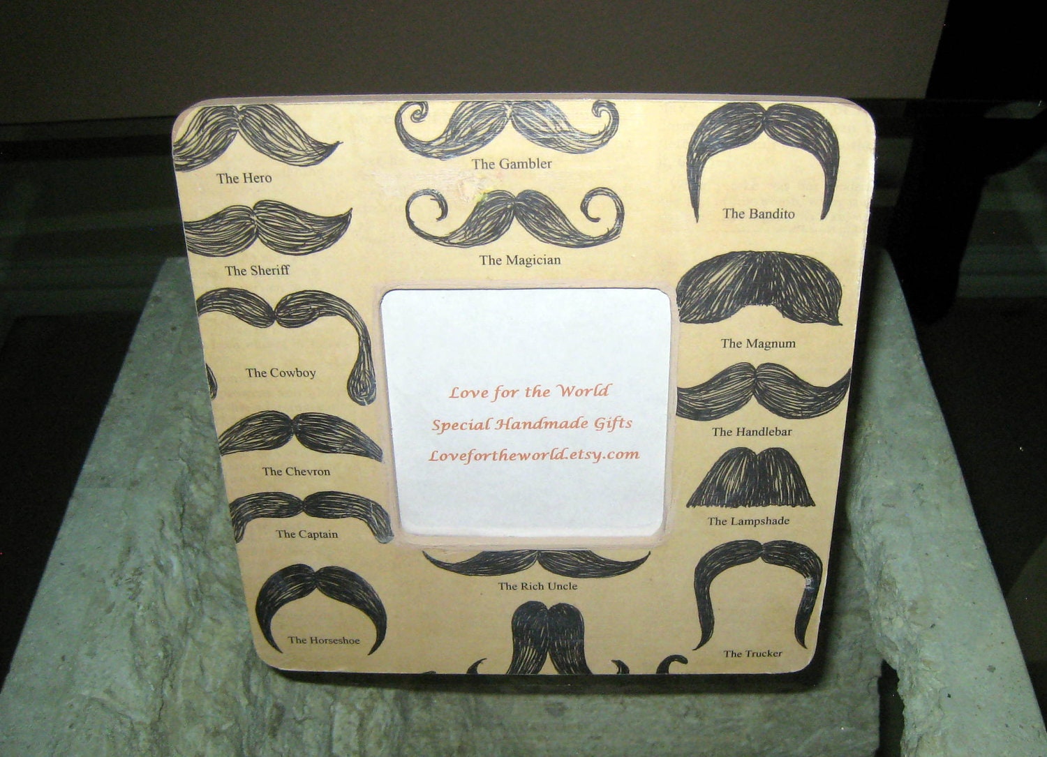 ON SALE Mustaches Picture Frame - Wooden Picture Frame Decoupaged with a fun Mustache Print - 8x8 Frame for a 3.5x3.5 Photo