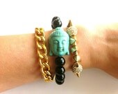 Gold Curb Chain Turquoise Buddha Swarovski Gold Spike Bracelet Set