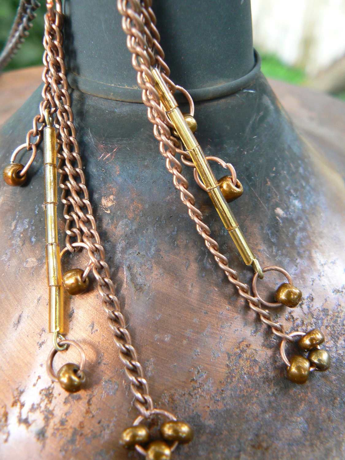 copper chain earrings dangling golden beads gypsy boho hippie and belly dancer