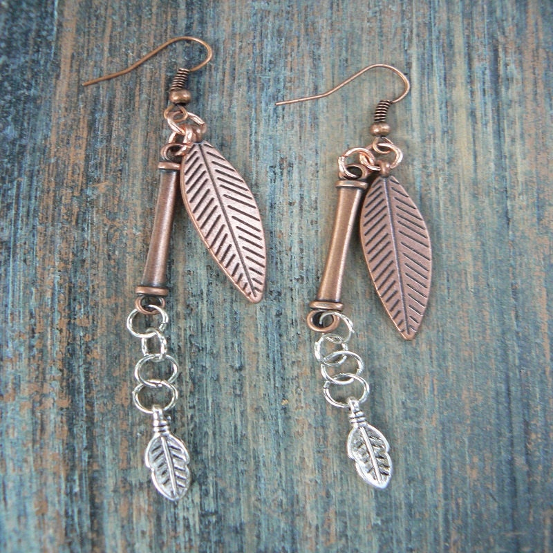 copper leaf charm earrings dangling leaves copper  silver gypsy boho hippie tribal and native american inspired