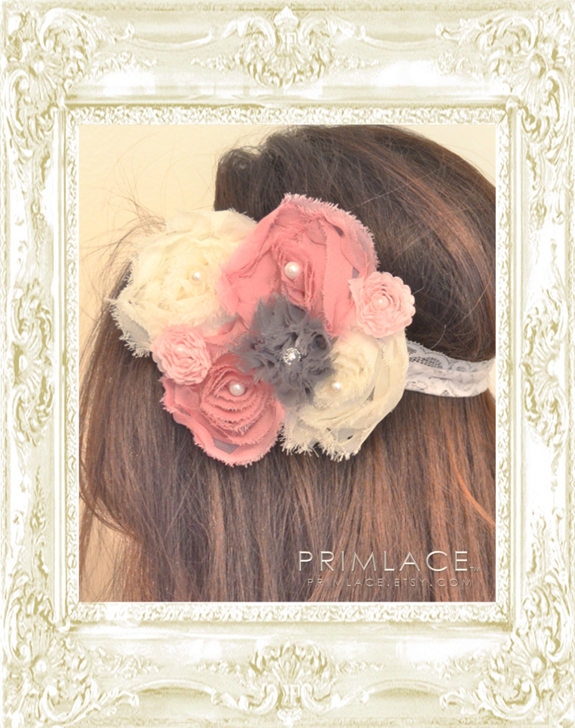 Gray and Pink Headband, Cream Pink & Gray Headband, Gray Headband, Shabby Chic Headband, Large Headband
