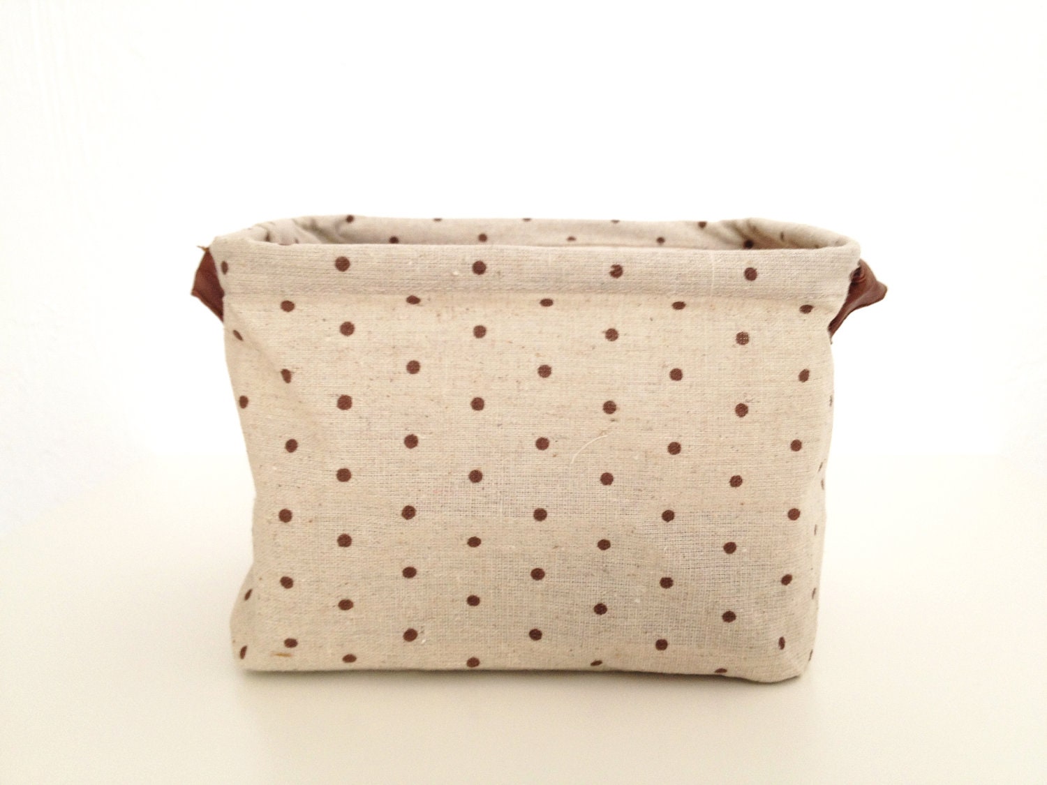 Desk Organizer- polka dot -Linen Fabric Basket, linen bin, desk organizer, leather handler, nature, waterproof