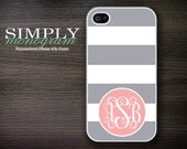 iphone 4 case - iphone 4s case - plastic or silicone rubber - grey and pink striped monogram