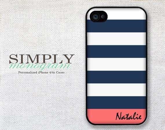 iphone 4 case - plastic or silicone rubber - nautical striped name monogram