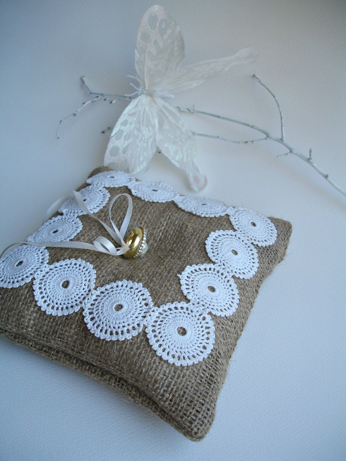 Ringbearer Pillow with Burlap and Handcrocheted Vintage Doily