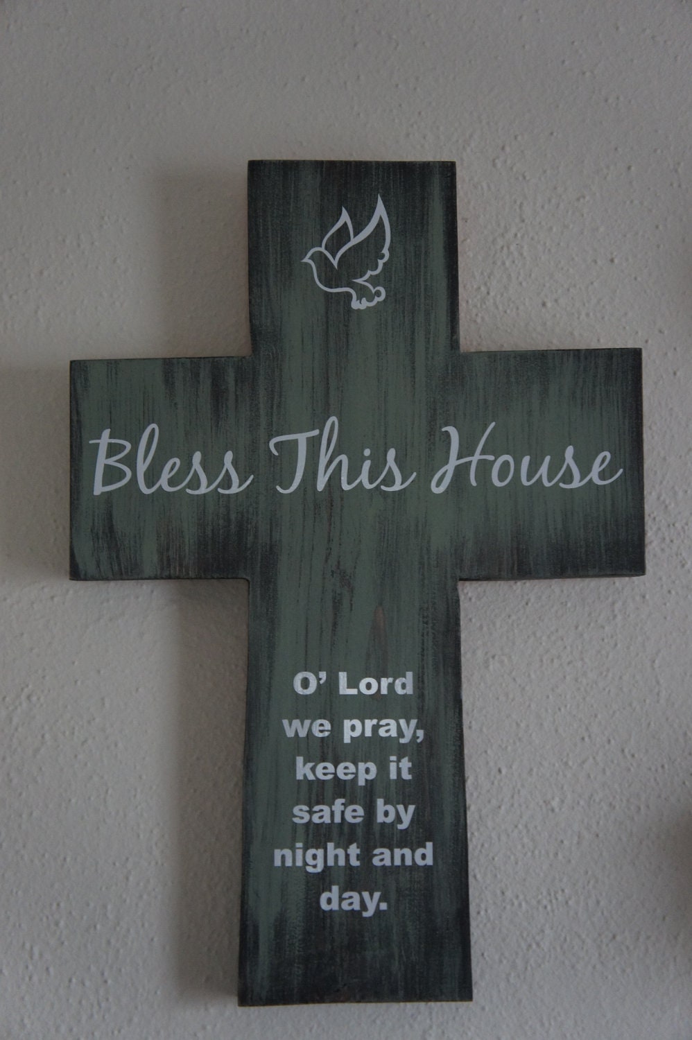 Family Size Cross Bless this House Distressed green  Prayer for the Home Decor Great Housewarming Gift