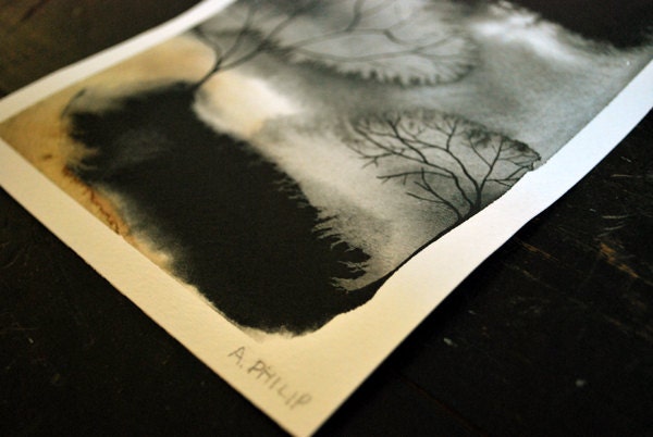 Original Watercolor Painting - Trees - Abstract - Landscape - Black and White - Amber - 6x8 "Blurred Evening"