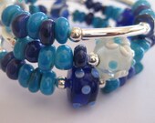 Beaded Bangle, Memory Wire Bangle, Mother of Pearl, Lampwork Beads