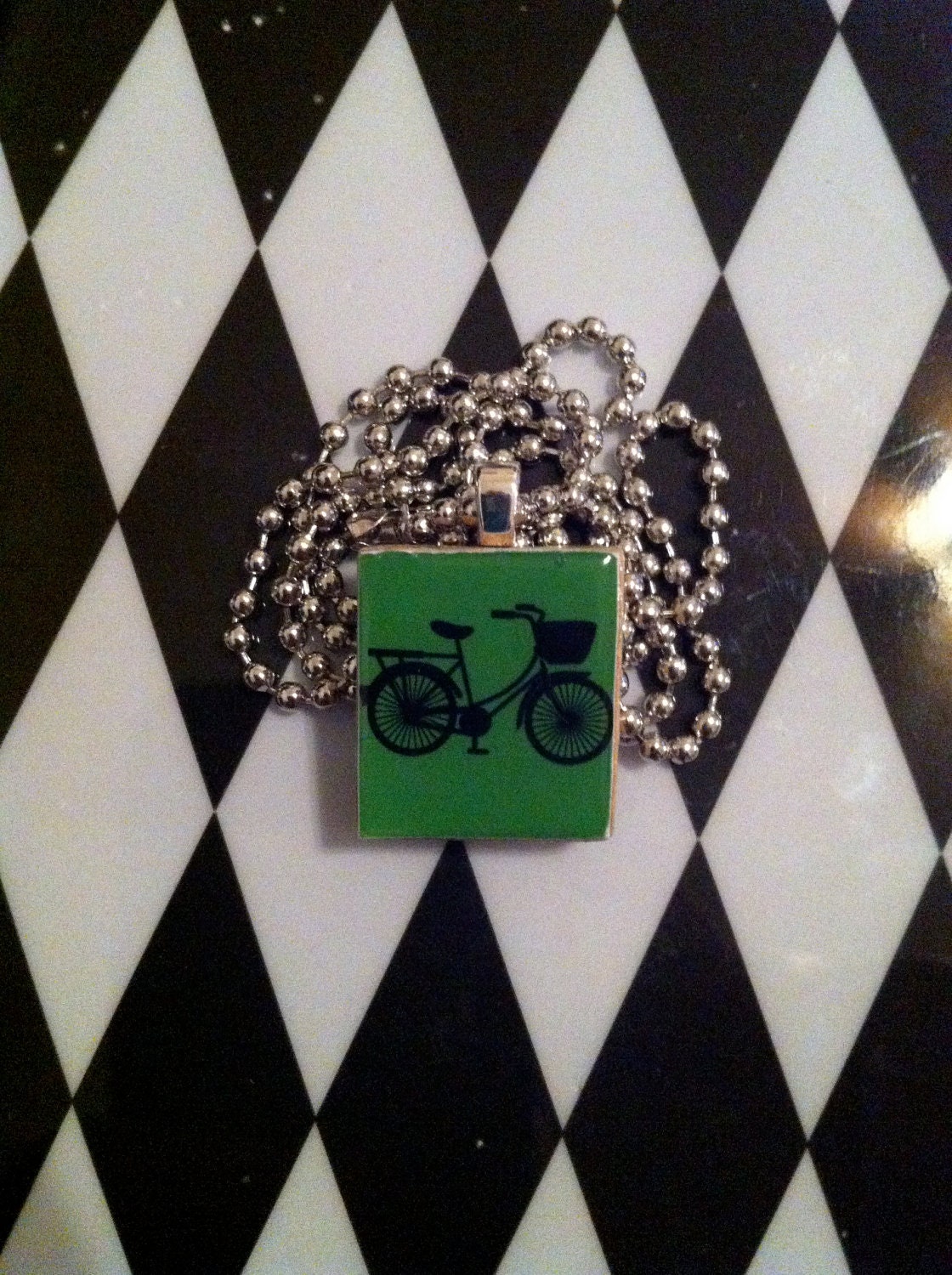 Green and Black Bicycle Scrabble Tile Pendant Necklace
