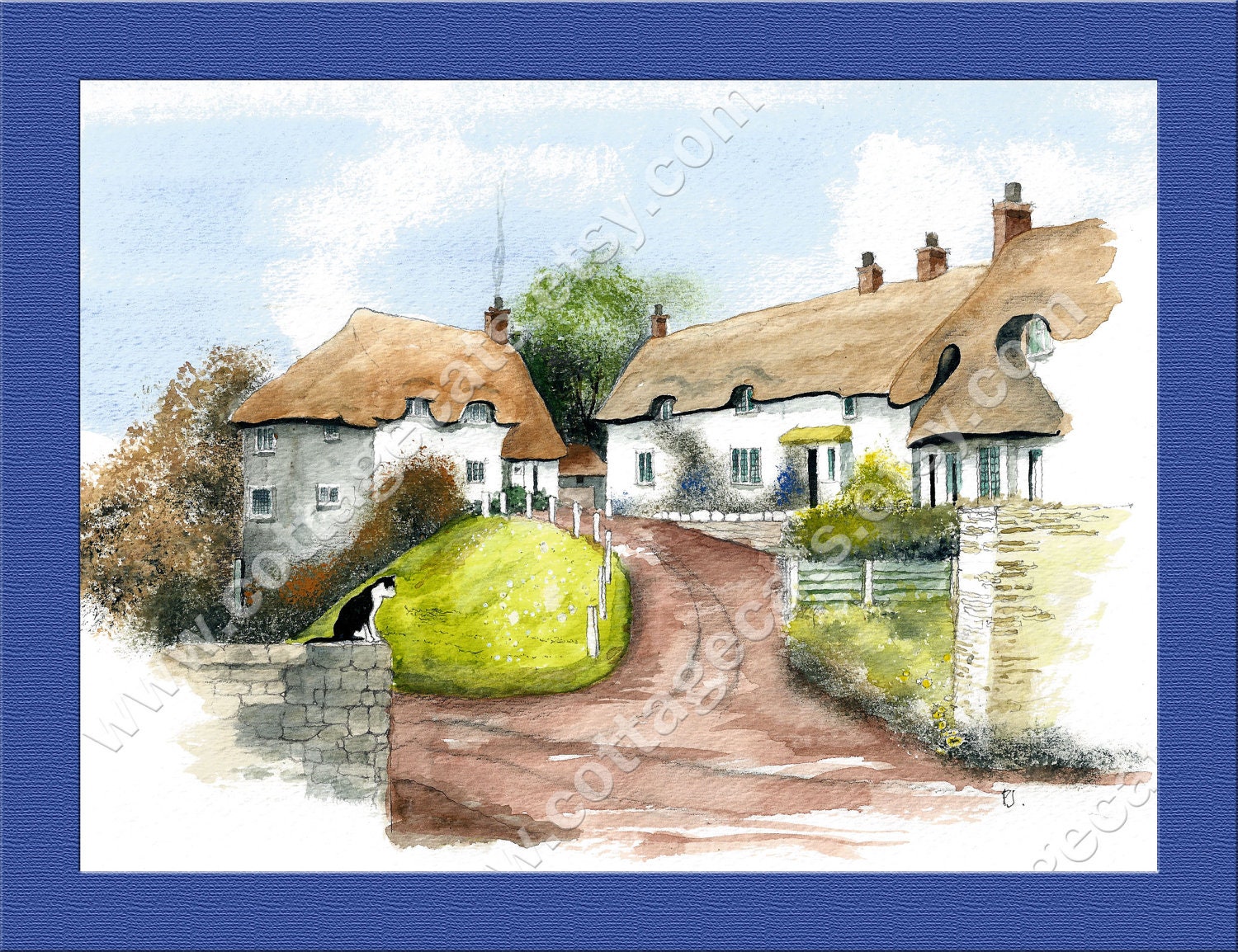 Thatched Cottages, Godshill, Isle of Wight, Print of Original Watercolor
