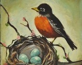 Personalized Gift - Custom Original Bird Painting on Canvas - 10 x 10 Inches - Robins Egg Blue Nest - Gift Wrapped - NancyJeanHome