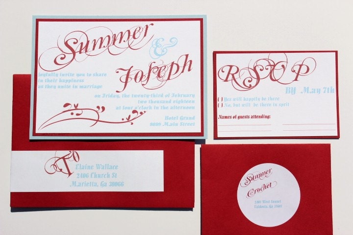 Wedding Invitations Tiffany Blue Red  and White
