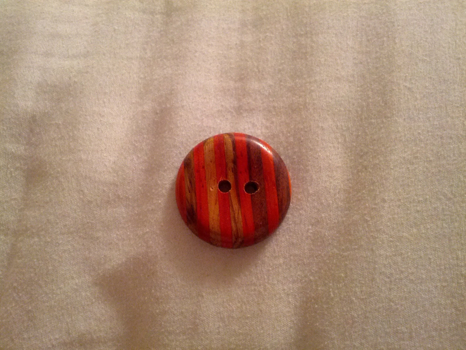Custom Designed Wooden Button, Zebra Wood, Black Walnut Wood and Padouk Wood (orange)