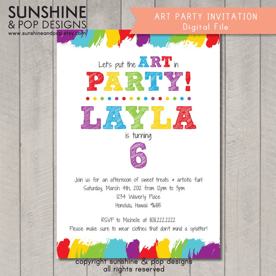 Printable Birthday Invitation - Art Party Rainbow Digital Invite - DIY paint arts crafts colorful invitation child children Il_570xn
