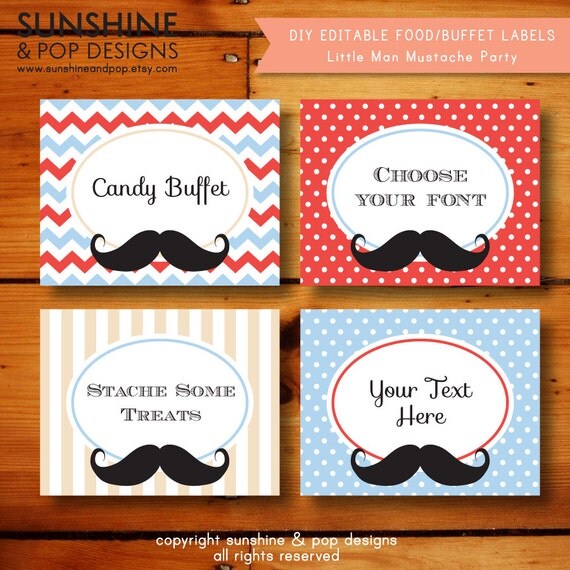 INSTANT DOWNLOAD - EDITABLE Little Man Mustache Bash Folding Buffet Cards, Food Tags, Vintage Place Cards - Custom Pdf Il_570xn