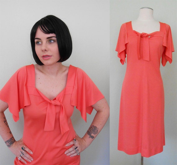 SALE Vintage 1970's Dress/ Ascot Dress/ Etherel/ Peach/ Flutter Sleeves/ Sexy Secretary/ Susan Howard/ Medium