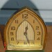 Small CATHEDRAL CLOCK: Vintage Light Green Wind-Up, Unusual GOTHIC Arch Shape, Uncommon