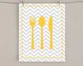 Fork Knife Spoon Kitchen Art Print - Home Decor - Yellow on Gray and White Chevron Background, 8x10