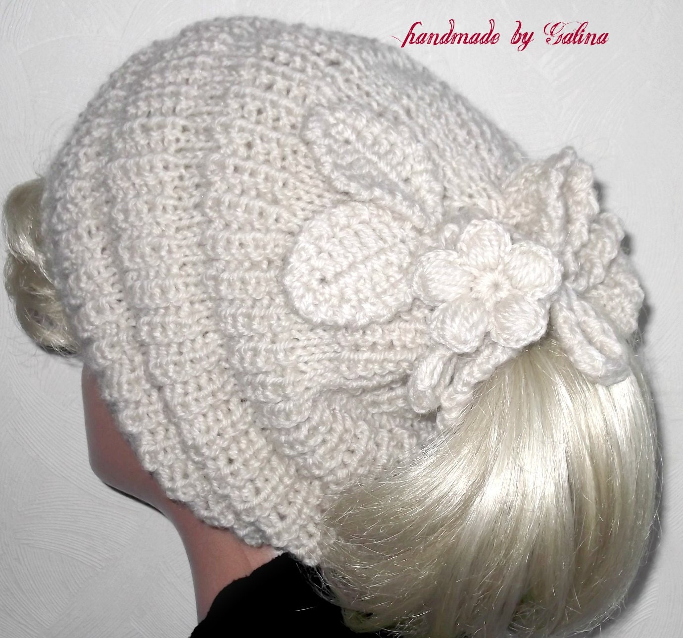 Chunky Knit Oversized Beret Snood  Neck Warmer Slouchy Wool Hat Beanie Grey White Tube Scarf Crochet Flowers CUSTOM  ORDER