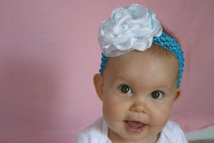 Handmade White Satin Flower with Teal Glittered Organza, Baby Headband, Girl Barrette