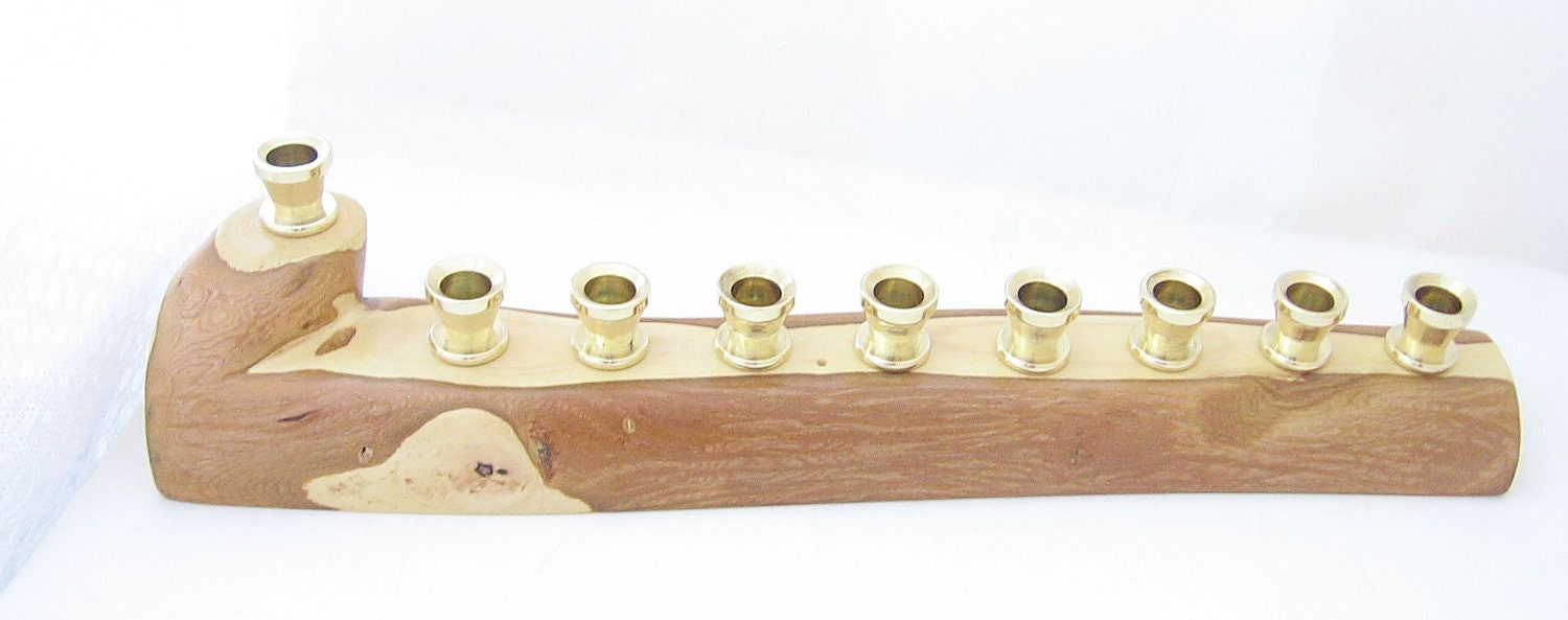 Wooden Menorah, with Brass pedestals OOAK