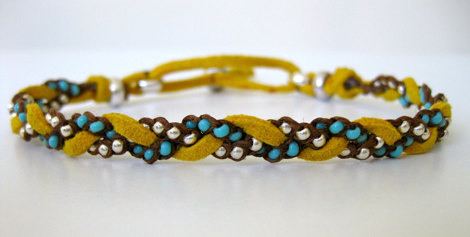 Yellow, light blue, and silver woven bracelet