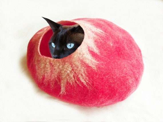 Cat Bed Cat Cave Cat House Pink Felted Wool with FREE Cat Ball