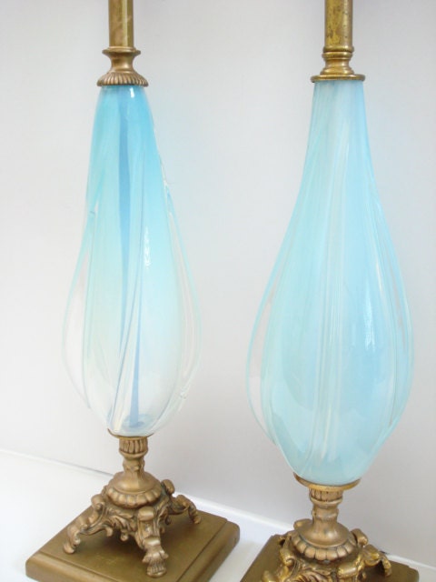 Pair Hollywood Regency Italian Murano Light Blue Glass Lamps Mid Century