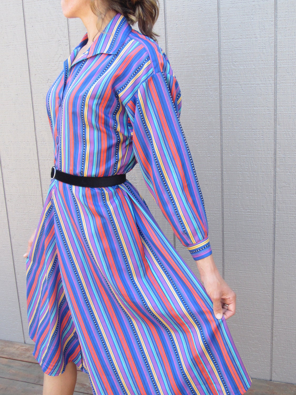 Colorful striped/patterned long-sleeved dress, handmade/vintage