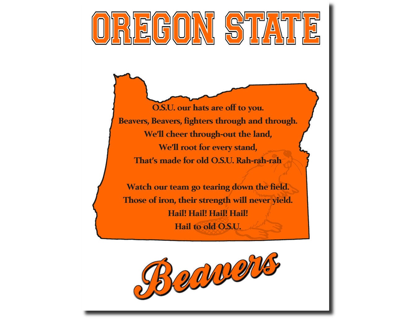Oregon State Beavers Football College Fight Song Art Print Gift Home Decor Wall Art 8x10