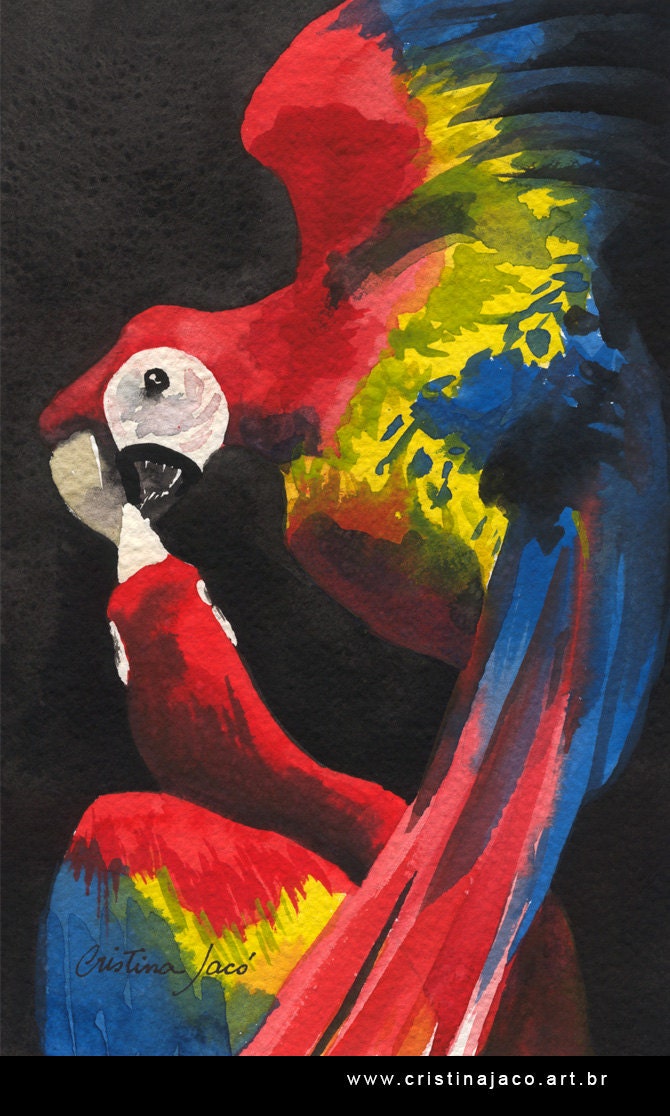 Watercolor painting original 6x10"- Red macaws