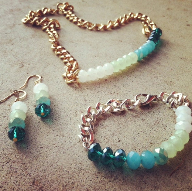 OCEAN OMBRE collection featuring necklace, bracelet, earrings - ombre turquoise, teal, mint and white white on gold plated or silver chain