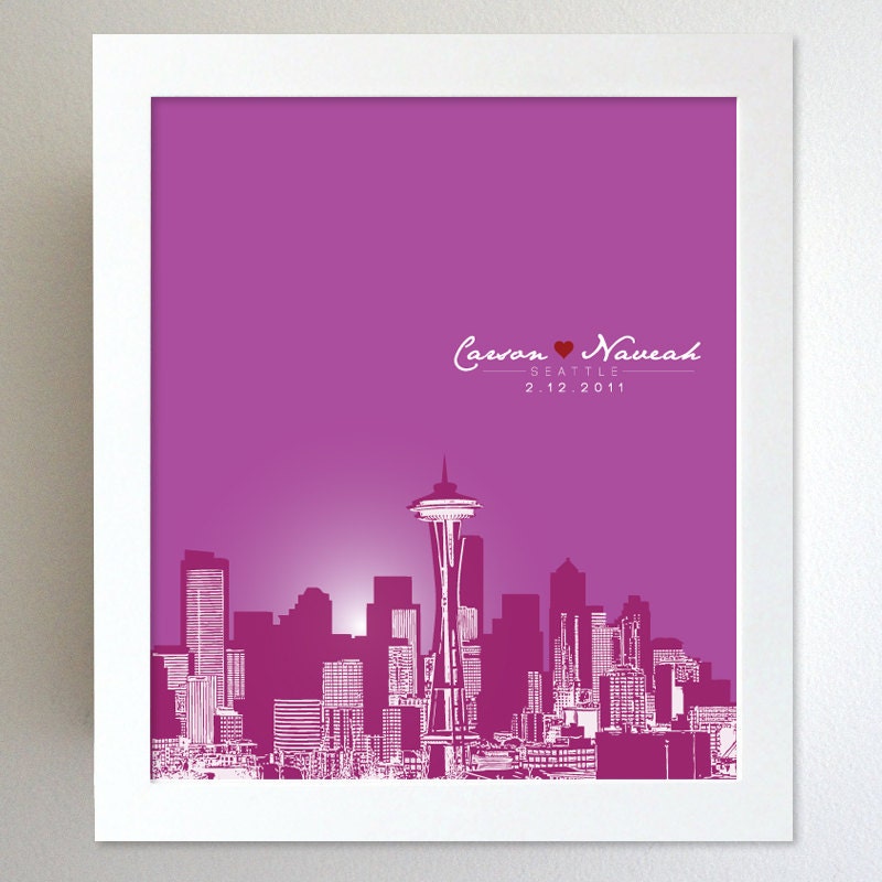 Personalized Anniversary Gift Seattle Washington City Skyline 8x10 Poster Print Art - Any city available