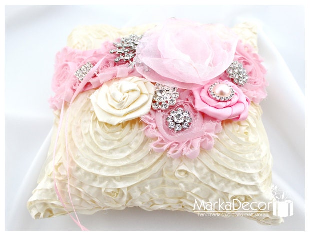 Wedding Ring Pillow with Brooches Crystals Handmade Flowers in Ivory and Pink 1pc