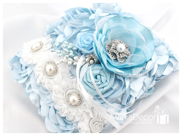 Wedding Ring Pillow with Brooches Crystals Handmade Flowers in Blue and White 1pc