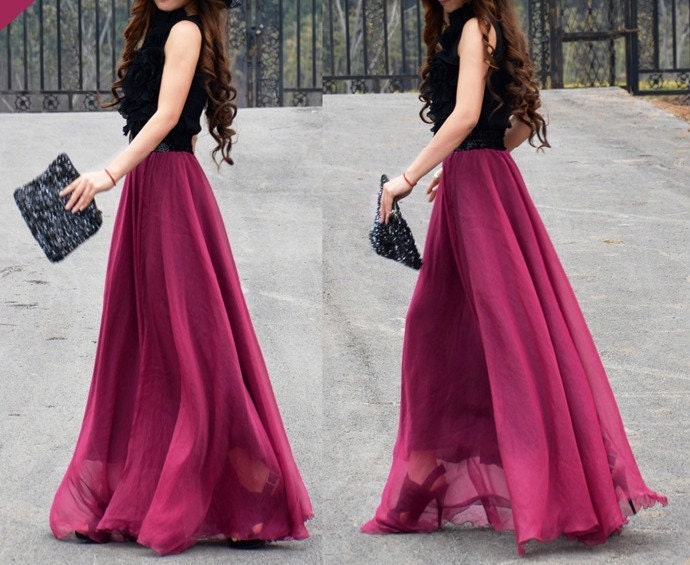 women's wine red silk Chiffon 8 meters of skirt circumference  long dress maxi skirt qz02