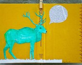 Allambee. Elk. Original Artwork, Line Drawing, Watercolor, Collage, Vintage Book Cover Canvas in Mustard Yellow & Turquoise