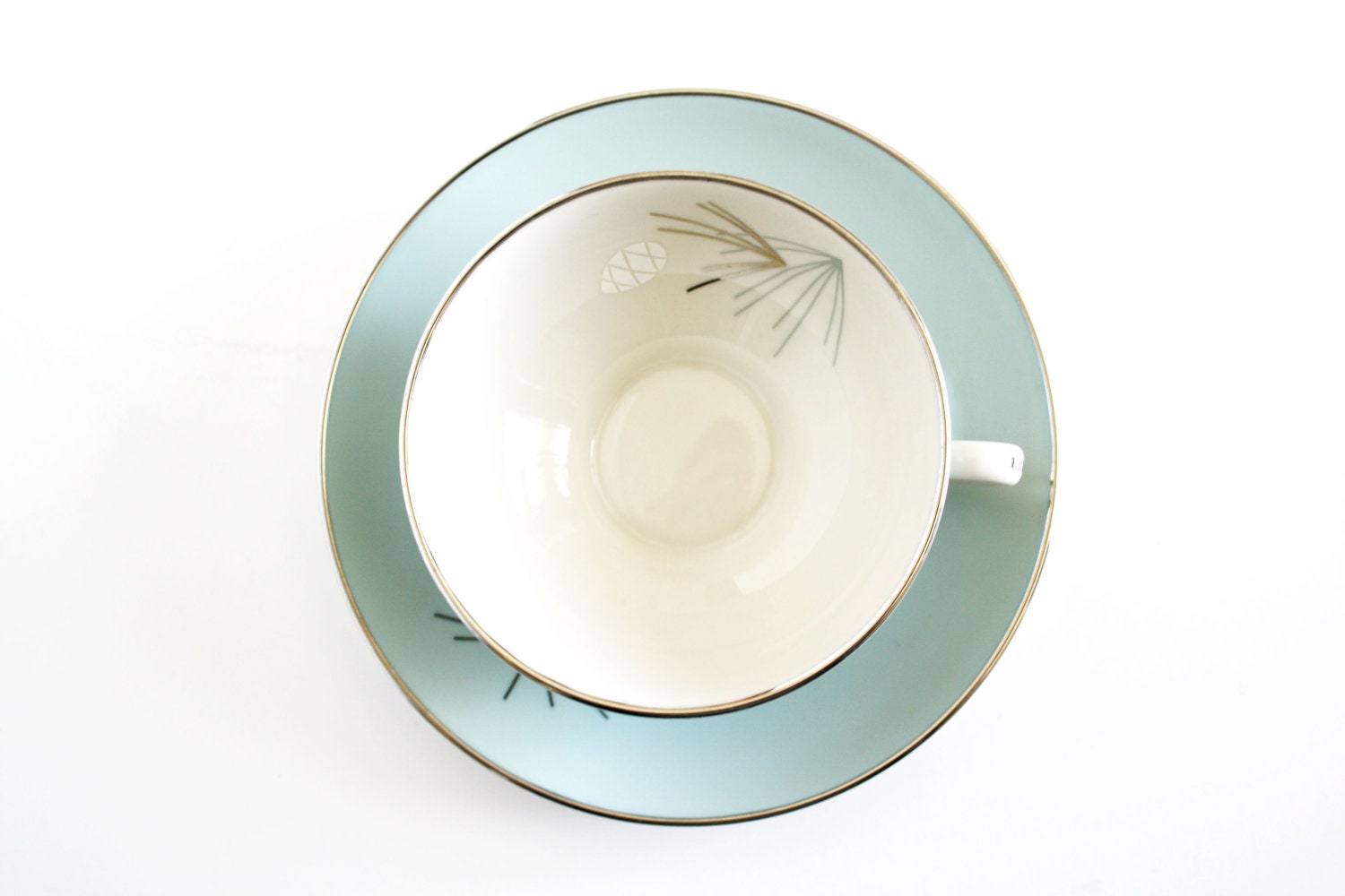 Franciscan cup and saucer, Silver Pine pattern, light blue off white. - EclecticBlueVintage
