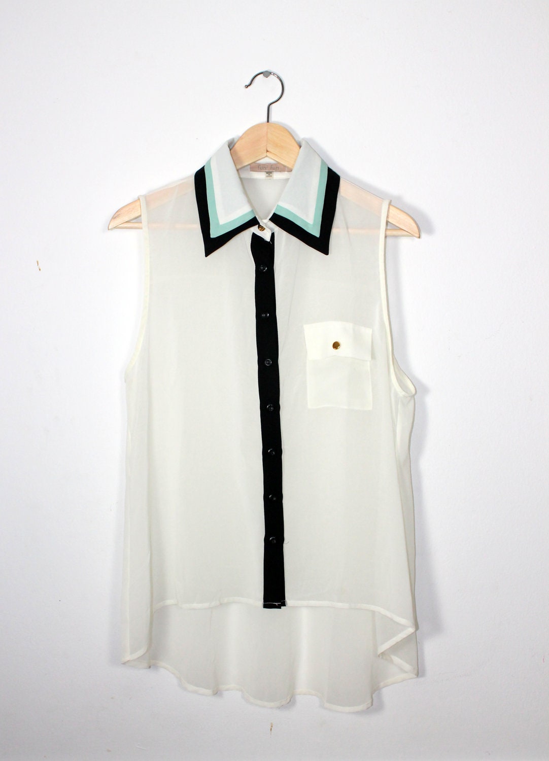 White Shirt With Mint and Black Collar / L
