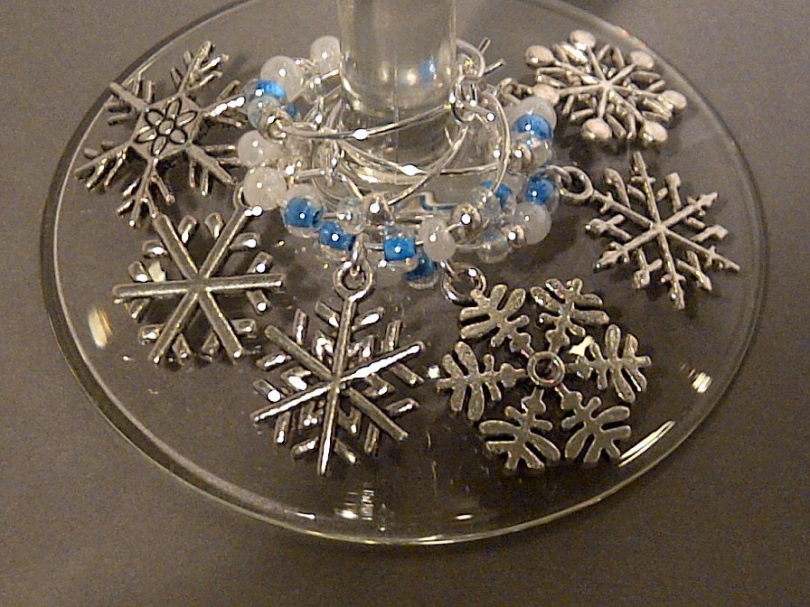 Let it Snow Wine Charm Set of 6 - Snowflake Charms with Blue and White Beads - FromAppalachia