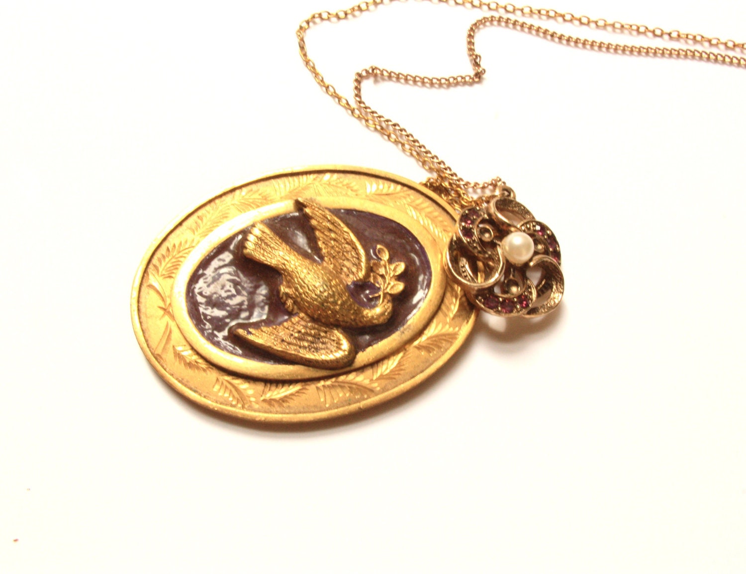 GOLD PEACE DOVE Large Brass Enamelled purple engraved Blashki signed with purple rhinestone Emmons swirl pearl pendant Long chain