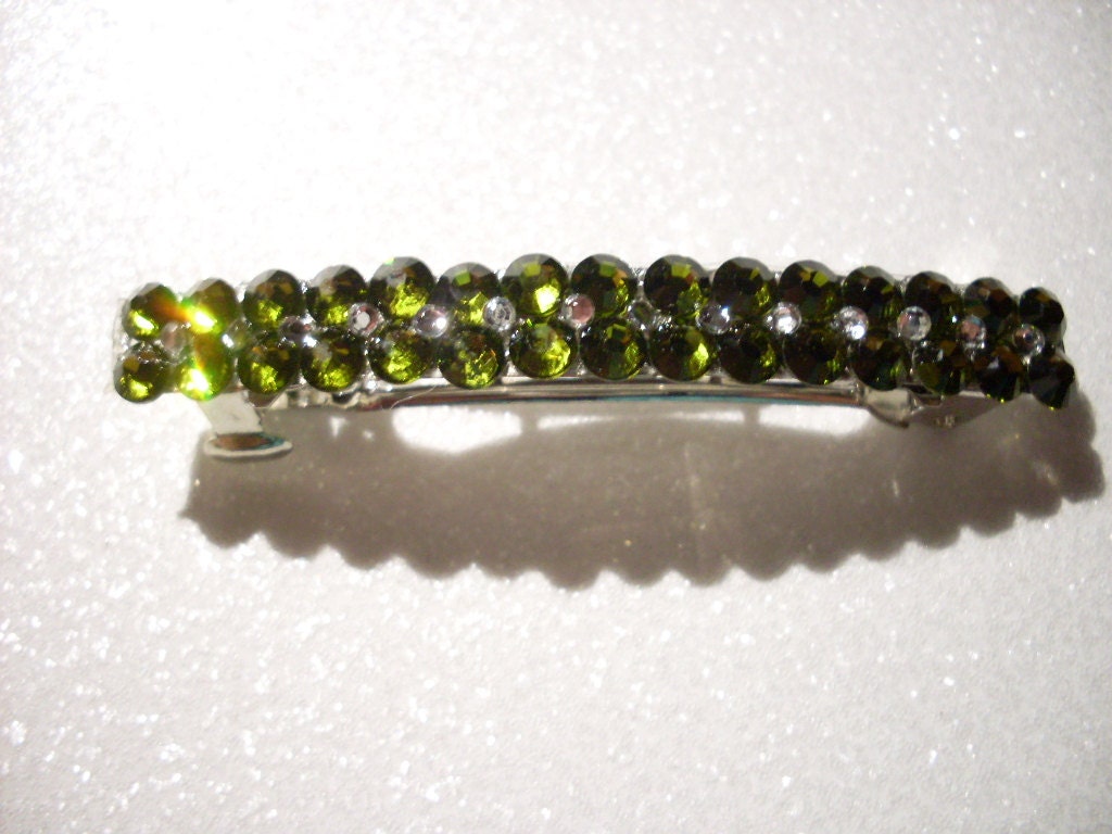 French Barrette Hair Clip - Olivine Green / Crystal Clear Swarovski Rhinestones Hair Pin - Bridal, Bridesmaids Hair Accessories