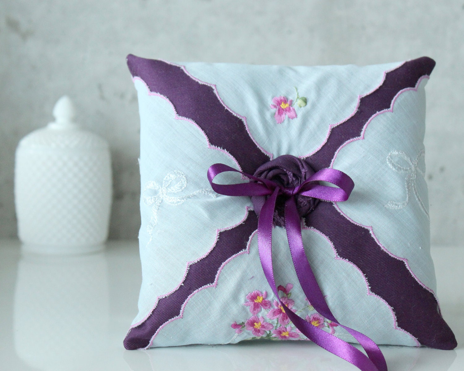 Ring Bearer Pillow, Blue Vintage Floral Embroidered Handkerchief, Purple,
