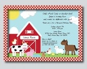 Farm Birthday Party Invitation Cute Barnyard Animals Red Gingham - Invites Digital File