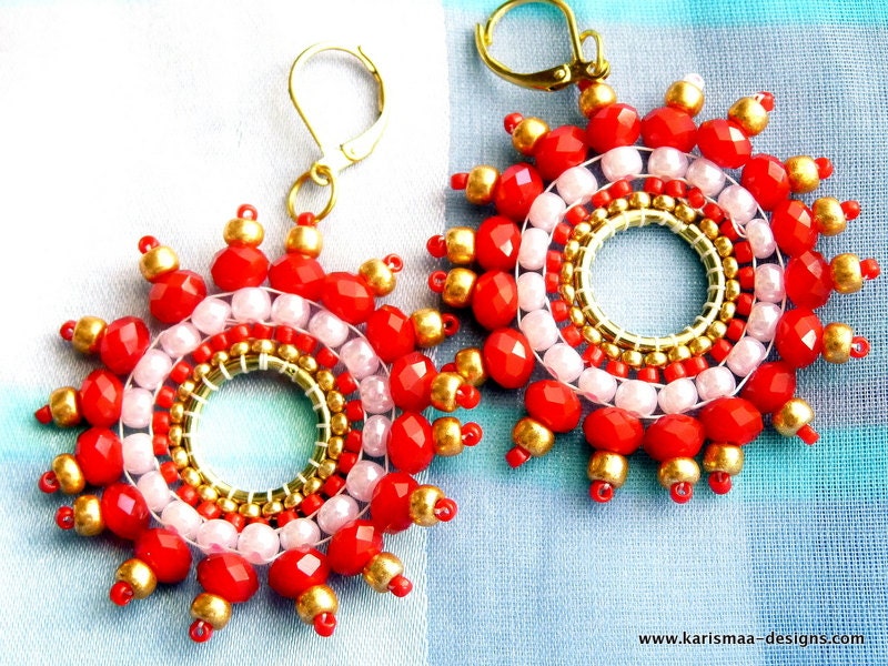 Seed bead Beaded Earrings - Red, pink and white lovely round earrings - circular brick stitch