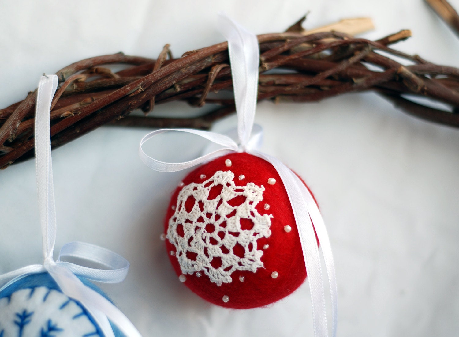 Felted Christmas ornaments , New Year tree hanging decoration, set of 3 balls. Hand Crocheted and embroidery ornaments.