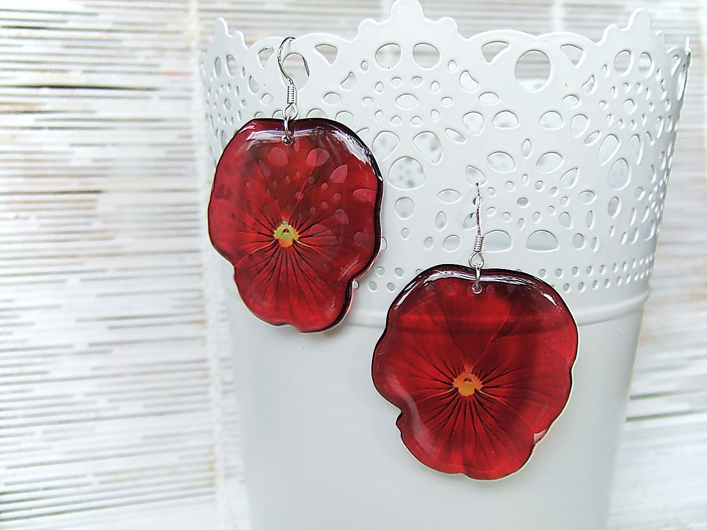 Resin Transparent Earrings Dark Cherry Pansies