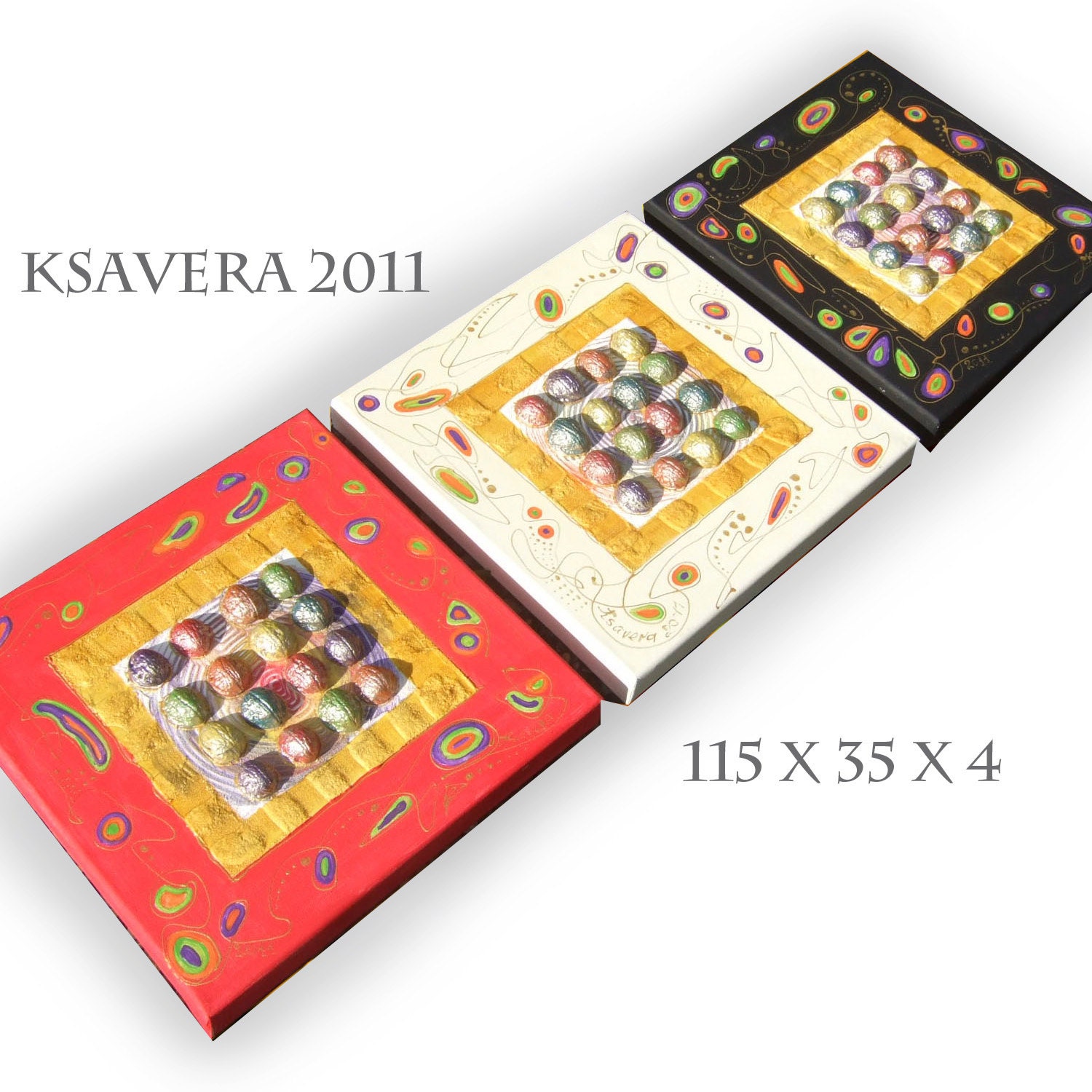 Original Art Nouveau Mixed media canvas set of 3 paintings KSAVERA "Peacock 2" 14x46x1,6 Gold Contemporary Painting